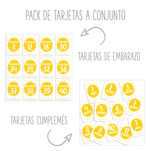 Pack conjunto: Tarjetas de embarazo y tarjetas cumplemés puntos