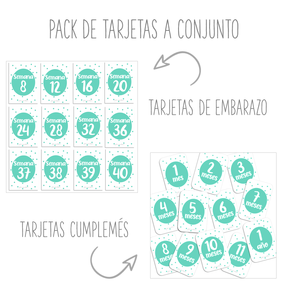 Pack conjunto: Tarjetas de embarazo y tarjetas cumplemés puntos