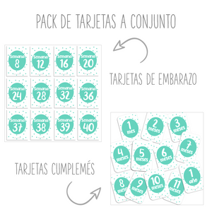 Pack conjunto: Tarjetas de embarazo y tarjetas cumplemés puntos