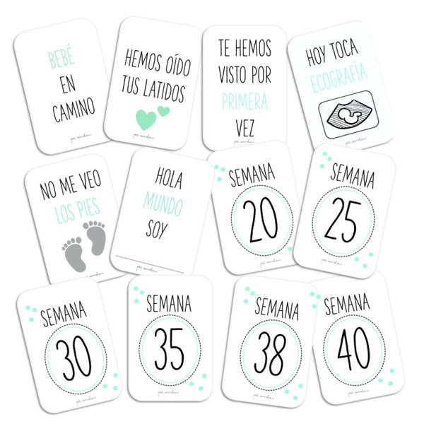 Tarjetas de embarazo momentos y semanas Mint